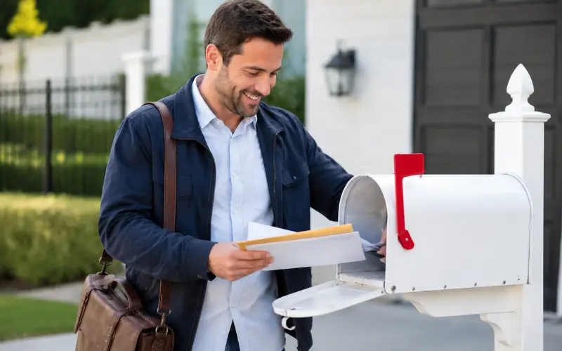 Man collecting mail from a residential mailbox, representing mailing address and postal code information for Sharjah Zip Code.