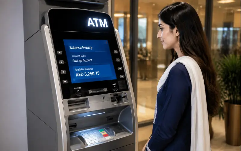 Woman checking bank balance on ATM screen during an ATM balance inquiry
