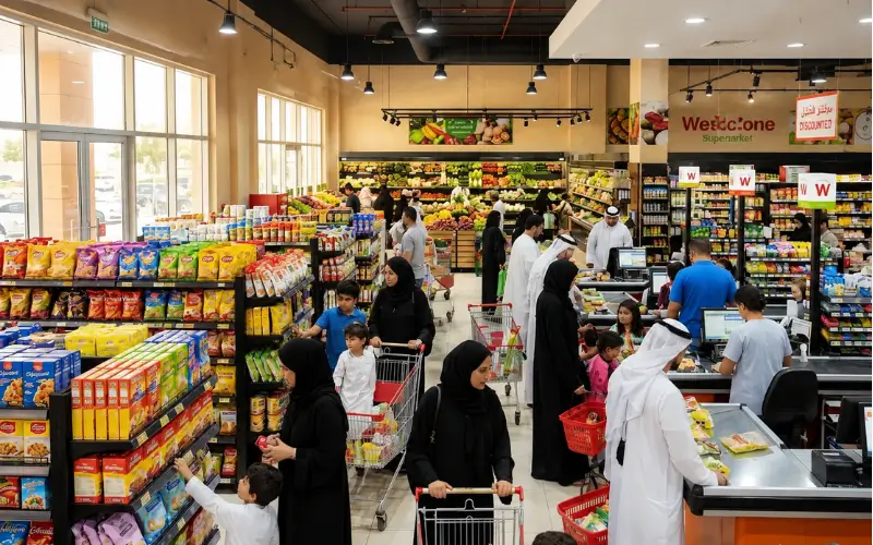 Grocery Store at Al Khail Gate Community Centre featuring fresh produce, grocery aisles, checkout counters, and shoppers in a bright, modern supermarket interior.