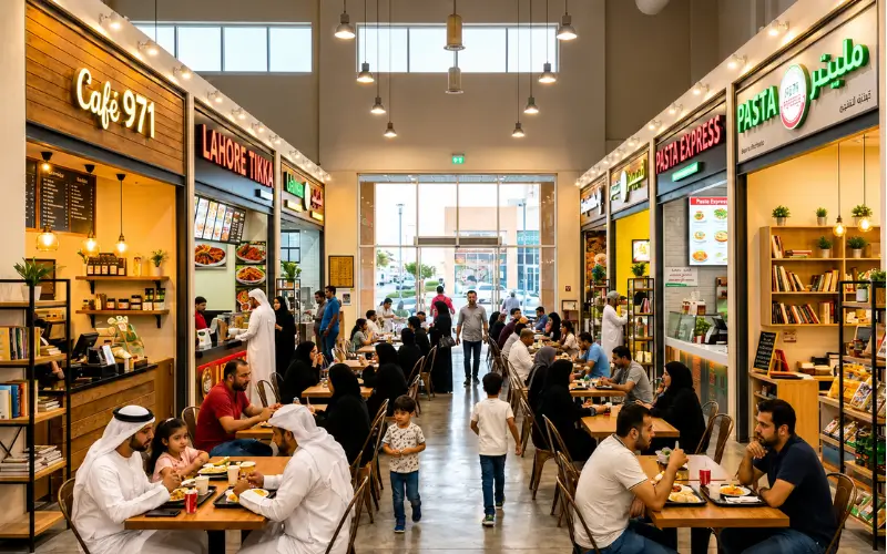 Al Khail Gate Community Centre Restaurants and Cafés featuring a modern indoor food court with popular cafés, family-friendly dining spaces, multiple restaurants, bright lighting, and visitors enjoying meals in a welcoming community atmosphere.