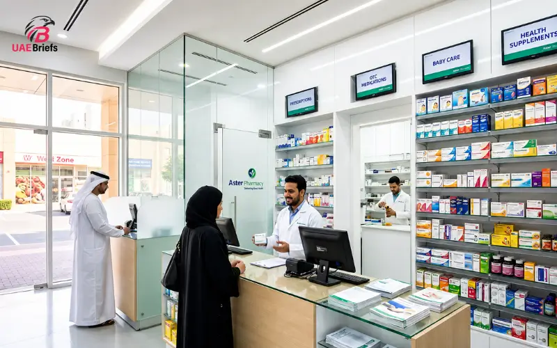 Al Khail Gate Community Centre pharmacy with a modern medicine counter, prescription services, health supplements, baby care products, and professional pharmacists assisting customers.