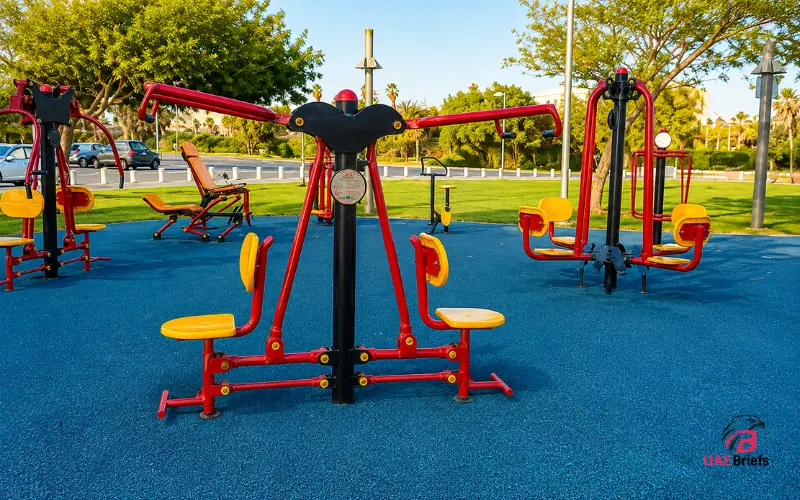 Al Khail Gate Community Centre outdoor gym featuring modern open-air fitness equipment, rubber safety flooring, green park surroundings, and well-maintained exercise stations for community workouts and outdoor fitness.