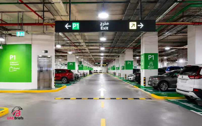 Al Khail Gate Community Centre parking area with spacious underground parking, clear directional signs, marked parking bays, and modern vehicle access lanes.